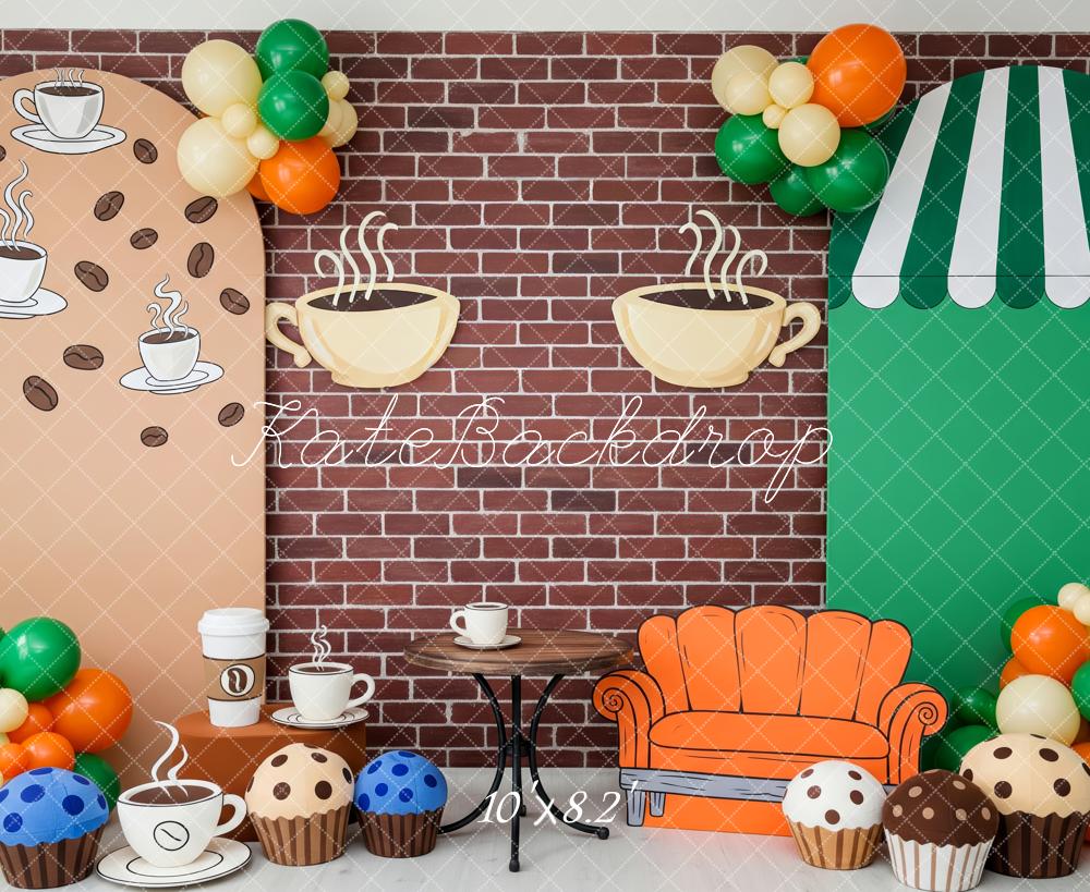 Kate Kaffeehaus Sofa Muffins Ziegelwand Hintergrund Entworfen von Patty Roberts - Kate Backdrop.de
