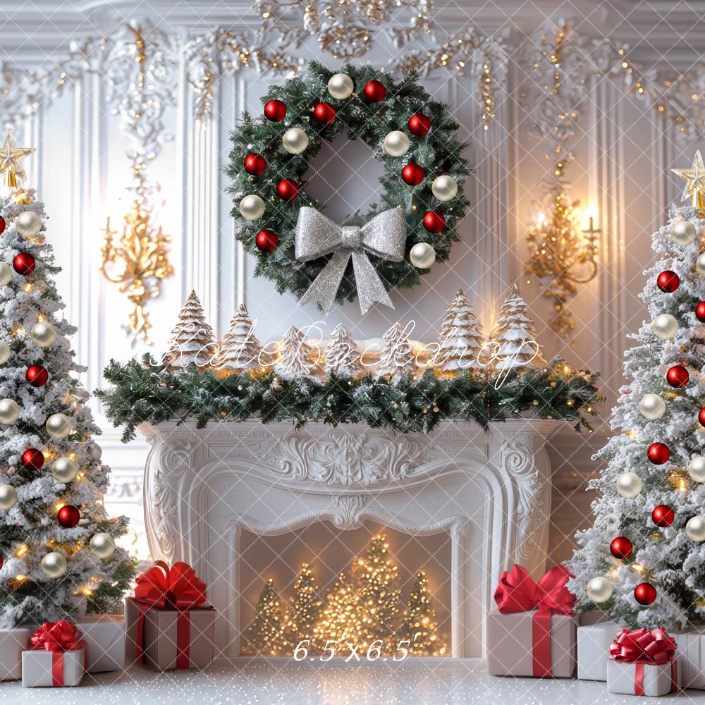 Kate Weihnachten Tannenbaum Kamin Weiß Hintergrund Entworfen von Mini MakeBelieve - Kate Backdrop.de