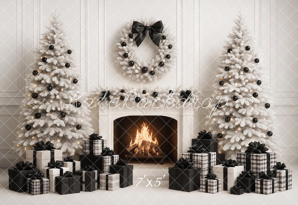 Kate Weihnachten Kamin Weiße Tannen Schwarz Weiß Hintergrund Entworfen von Ashley Paul - Kate Backdrop.de