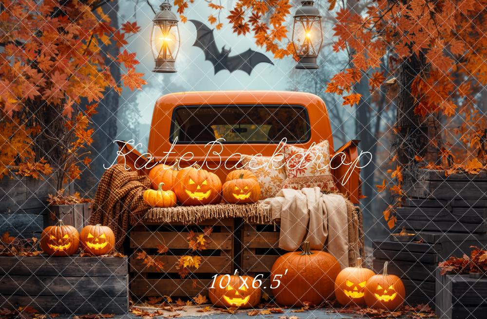 Kate Halloween Kürbisse Pickup Herbstlaub Fleece Hintergrund Entworfen von Emetselch - Kate Backdrop.de