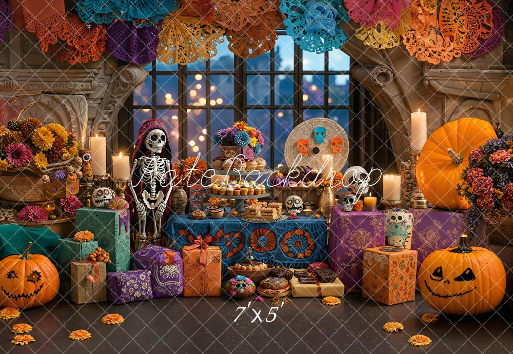 Kate Halloween Día De Los Muertos Kürbis Skelett Bunt Hintergrund Entworfen von Emetselch - Kate Backdrop.de