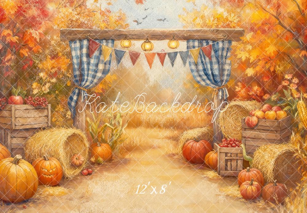 Kate Herbst Kürbisse Heuballen Gemalt Fleece Hintergrund Entworfen von GQ - Kate Backdrop.de