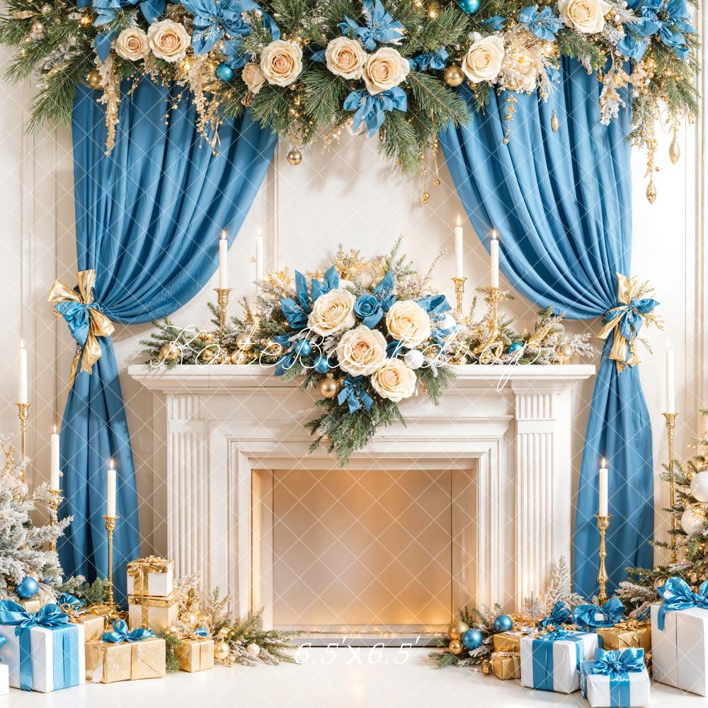 Kate Weihnachten Kamin Geschenke Blau Gold Hintergrund Entworfen von Emetselch - Kate Backdrop.de