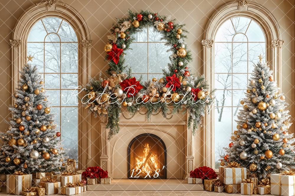 Kate Weihnachten Kamin Weihnachtsbaum Gold Fleece Hintergrund Entworfen von Emetselch - Kate Backdrop.de