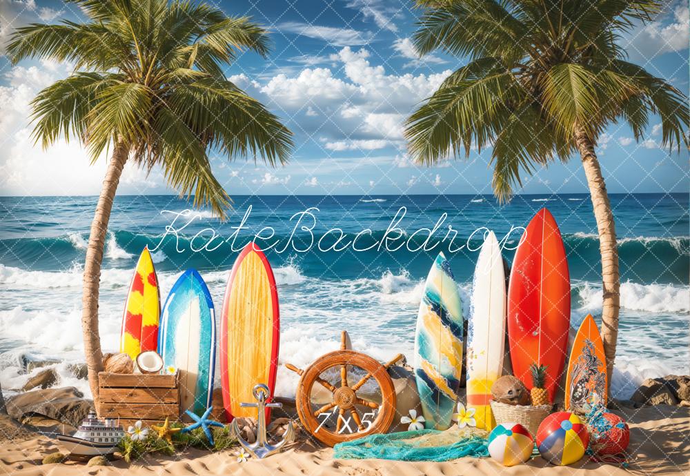 Kate Sommer Surfbretter Palmen Meer Bunt Hintergrund Entworfen von Emetselch - Kate Backdrop.de