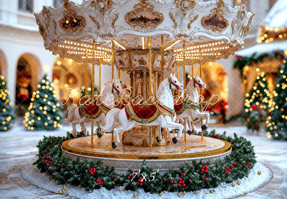 Kate Weihnachten Karussell Pferde Gold Hintergrund Entworfen von Mini MakeBelieve - Kate Backdrop.de