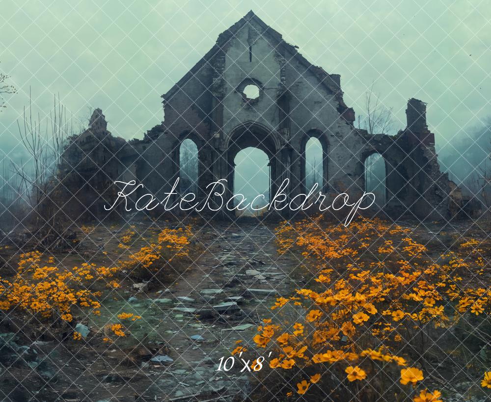 Kate Ruine Gelbe Blumen Nebel Fleece Hintergrund Entworfen von Emetselch - Kate Backdrop.de