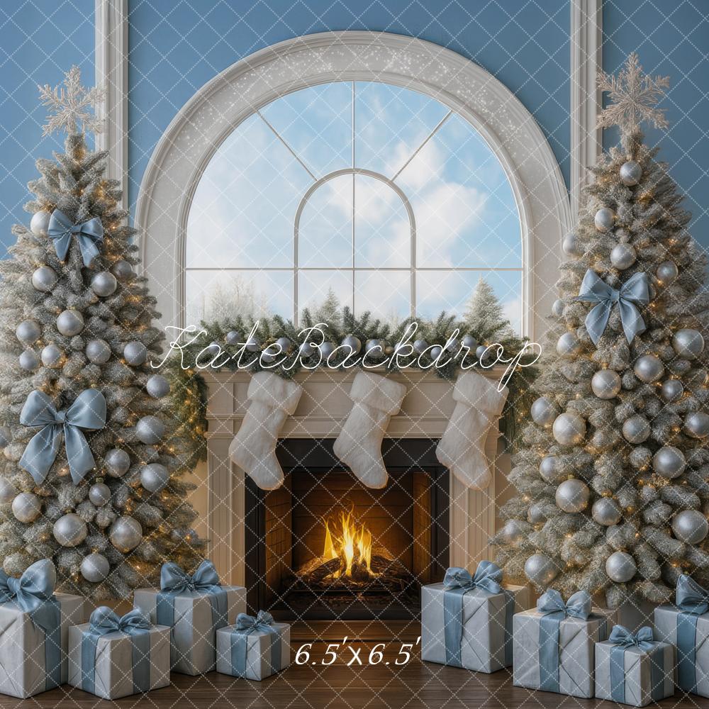 Kate Weihnachten Kamin Weihnachtsbäume Blau Hintergrund Entworfen von Mini MakeBelieve - Kate Backdrop.de