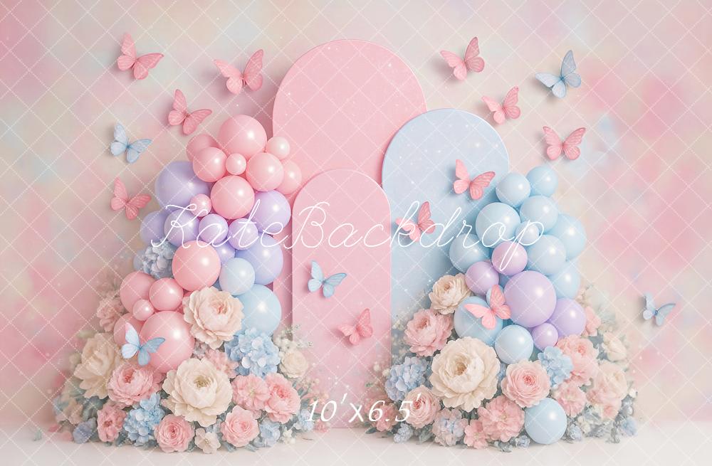 Kate Geburtstag Ballons Blumen Schmetterlinge Pastell Hintergrund Entworfen von Ashley Paul - Kate Backdrop.de