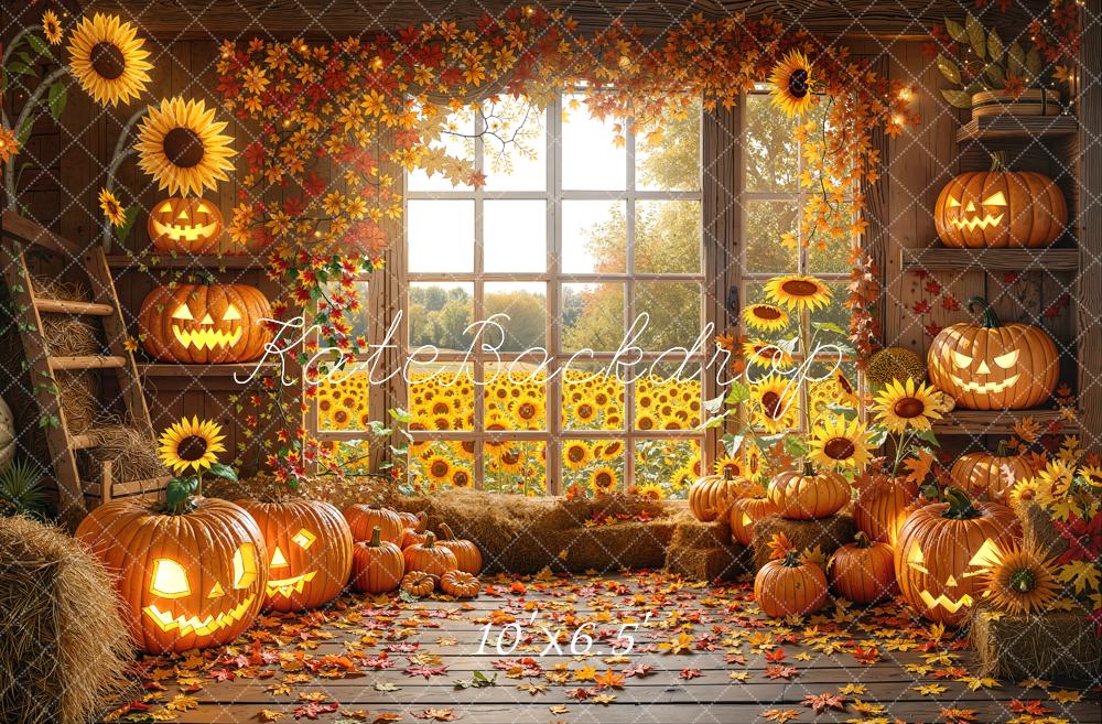 Kate Halloween Kürbisse Sonnenblumen Holzscheune Fleece Hintergrund Entworfen von Chain - Kate Backdrop.de