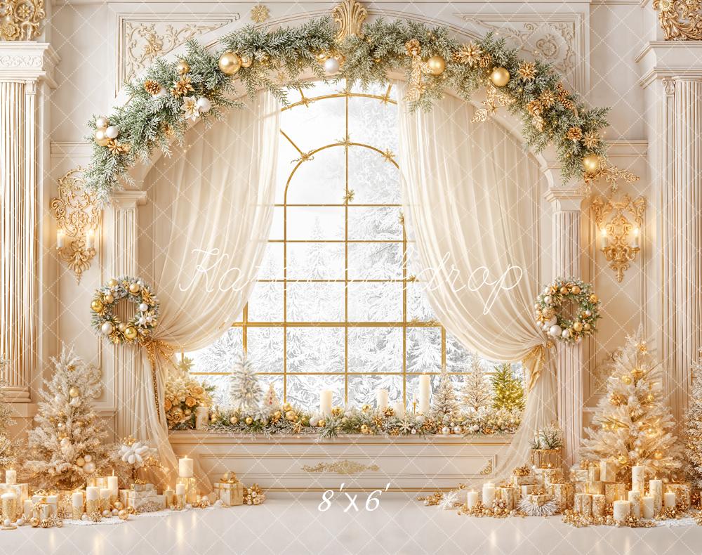 Kate Weihnachten Fenster Girlande Gold Weiß Fleece Hintergrund Entworfen von Emetselch - Kate Backdrop.de