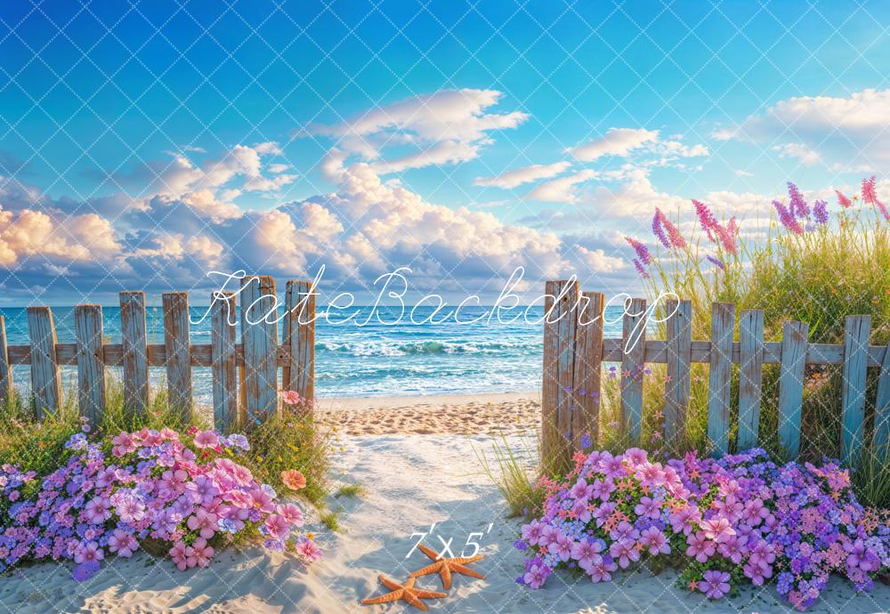Kate Sommer Strand Blumen Holzzaun Hintergrund Entworfen von Emetselch - Kate Backdrop.de