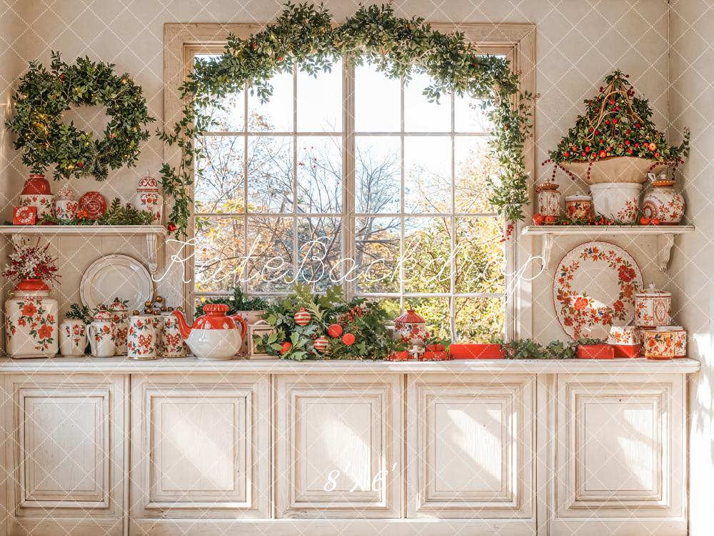 Kate Weihnachten Fenster Girlande Geschirr Vintage Fleece Hintergrund Entworfen von Emetselch - Kate Backdrop.de
