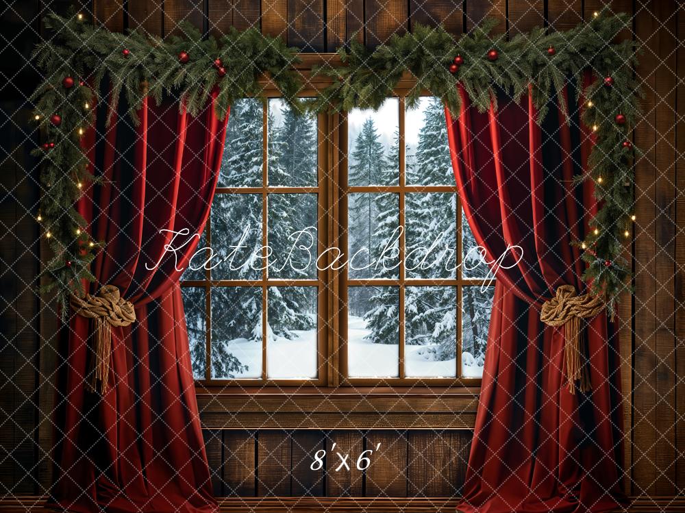 Kate Weihnachten Fenster Rote Vorhänge Tannenzweige Fleece Hintergrund Entworfen von Emetselch - Kate Backdrop.de