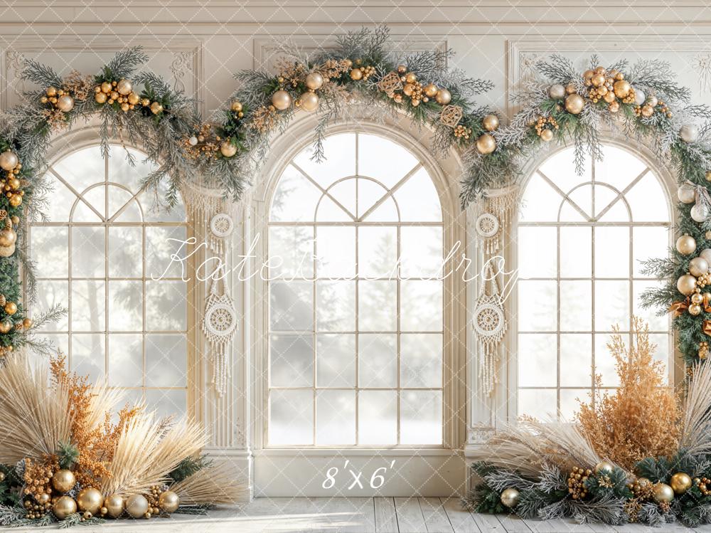 Kate Weihnachten Fenster Girlande Gold Fleece Hintergrund Entworfen von Emetselch - Kate Backdrop.de