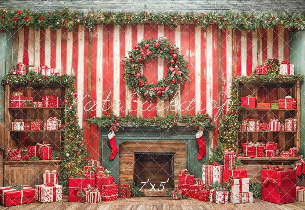 Kate Weihnachten Kamin Kranz Geschenke Rot Hintergrund Entworfen von Emetselch - Kate Backdrop.de