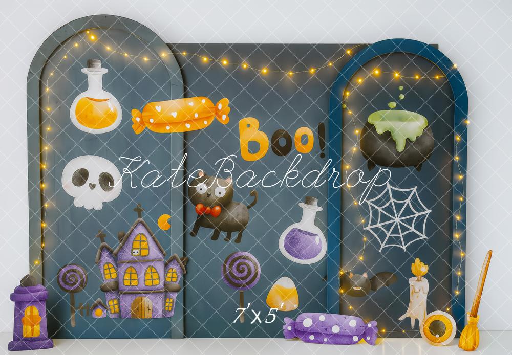 Kate Halloween Spukhaus Süßigkeiten Dunkelblau Hintergrund Entworfen von Patty Roberts - Kate Backdrop.de