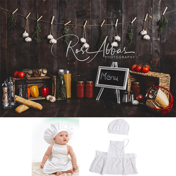 Kate Cake Smash Geburtstag Holz Küche Hintergrund+Baby Outfit Kochmütze Schürze