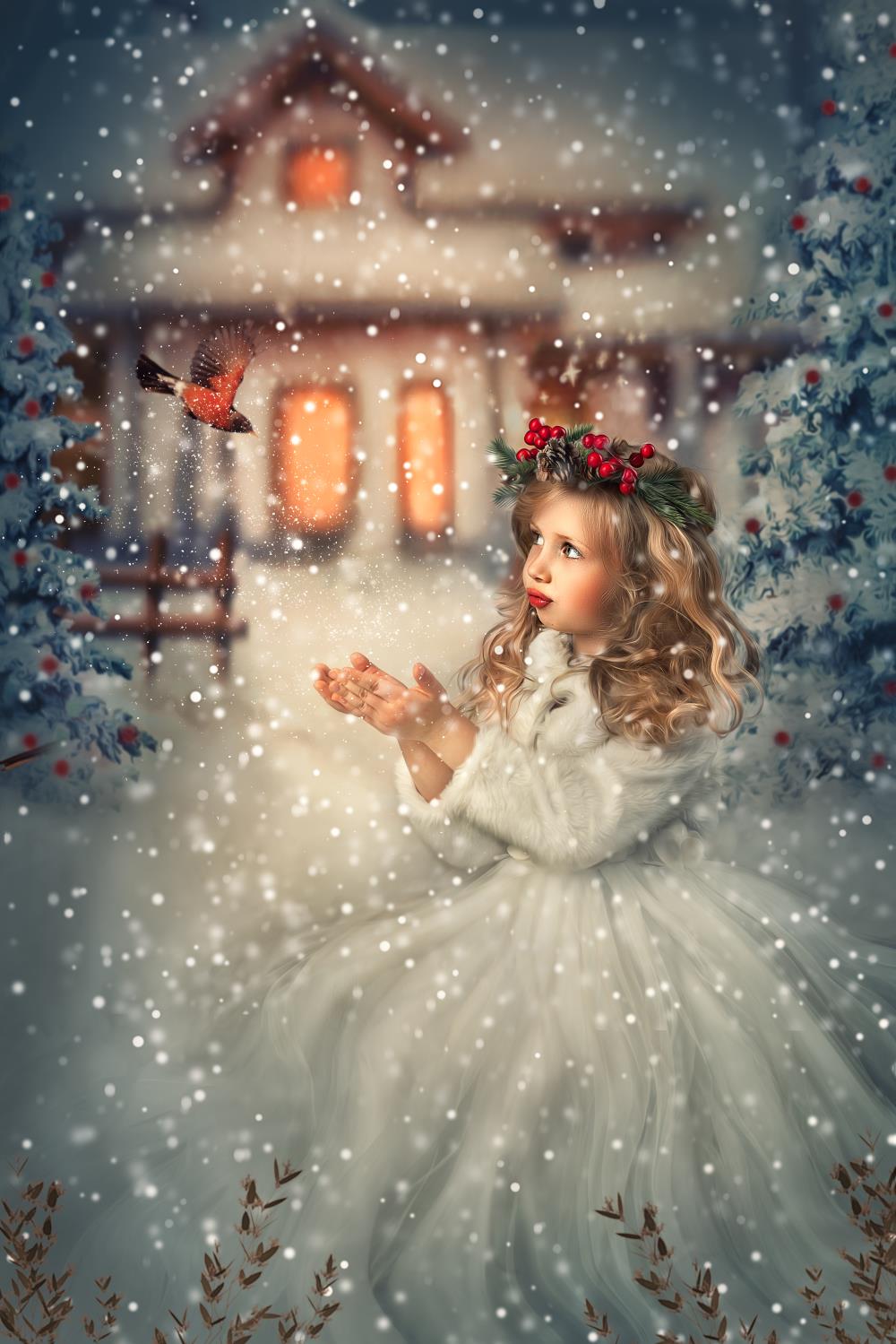 Kate Weihnachten Winter Bäume Haus Hintergrund Konzipiert von Jerry_Sina