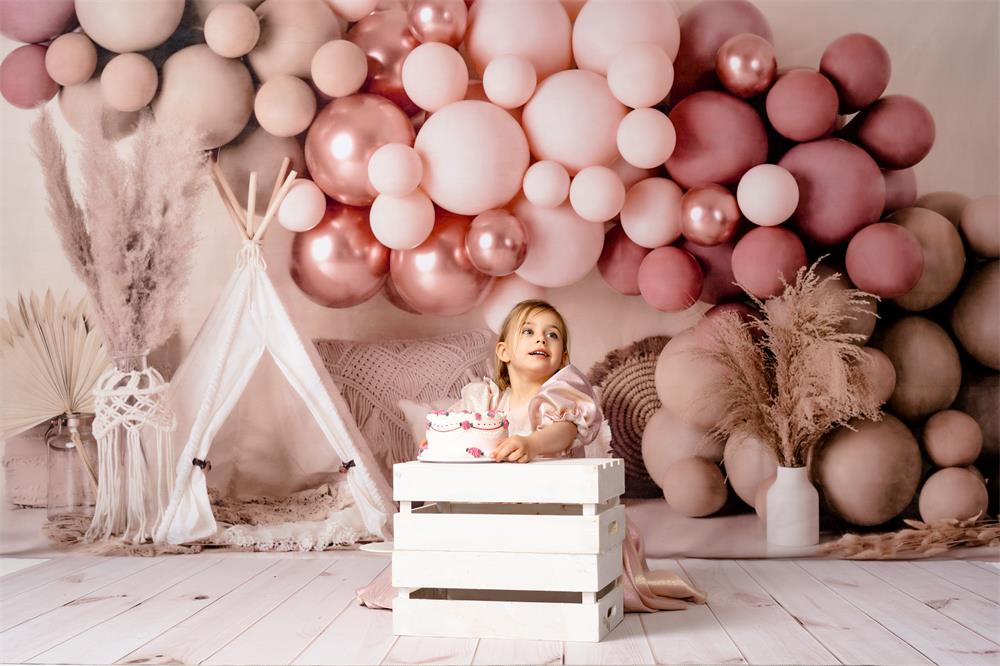 Kate Boho Luftballons Zelt Frühling Mädchen rosa Hintergrund Geburtstag von Mandy Ringe Photography