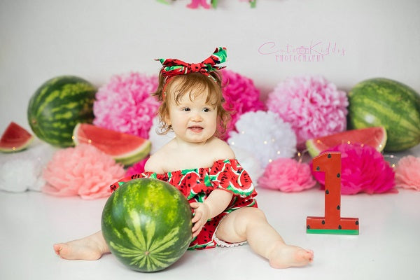 Kate Sommer-rosa und grüner Wassermelonen-Geburtstags-Hintergrund für die Fotografie entworfen von Mandy Ringe Photography