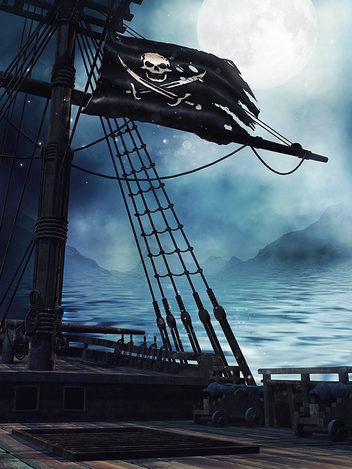 Katebackdrop£ºKate Summer Backdrops Deck of a pirate ship background with the black flag at night