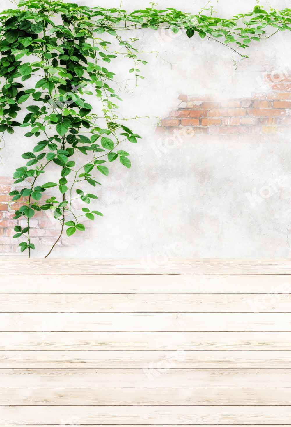 Kate Kombibackdrop Frühling Grünes Blatt Ziegelwand Holz  Hintergrund