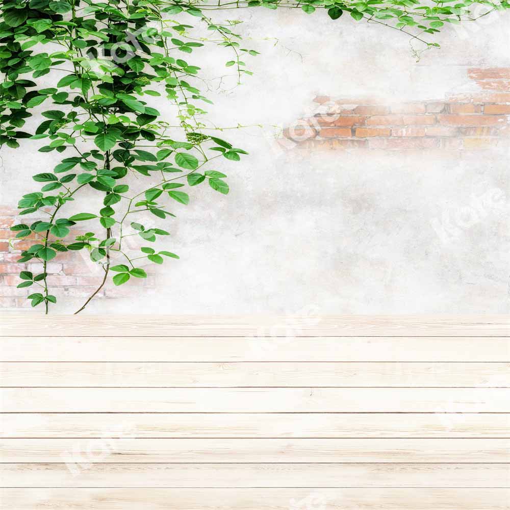 Kate Kombibackdrop Frühling Grünes Blatt Ziegelwand Holz  Hintergrund - Kate Backdrop.de