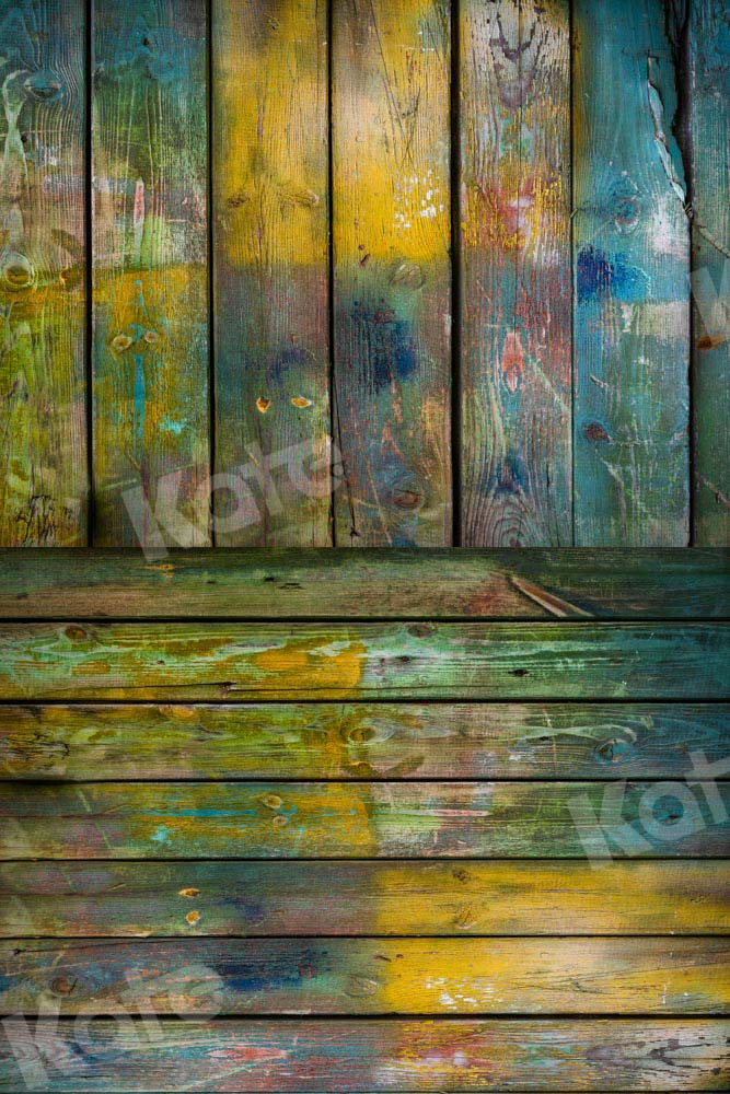 Kate Kombibackdrop bunt  blau gelb Retro  Holz  Hintergrund - Kate Backdrop.de
