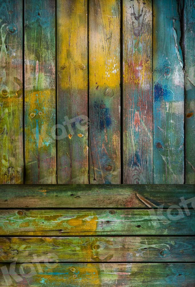 Kate Kombibackdrop bunt  blau gelb Retro  Holz  Hintergrund - Kate Backdrop.de