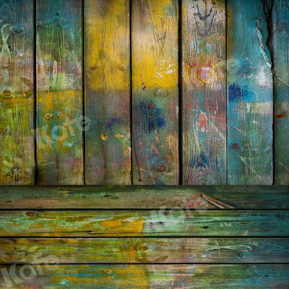 Kate Kombibackdrop bunt  blau gelb Retro  Holz  Hintergrund - Kate Backdrop.de