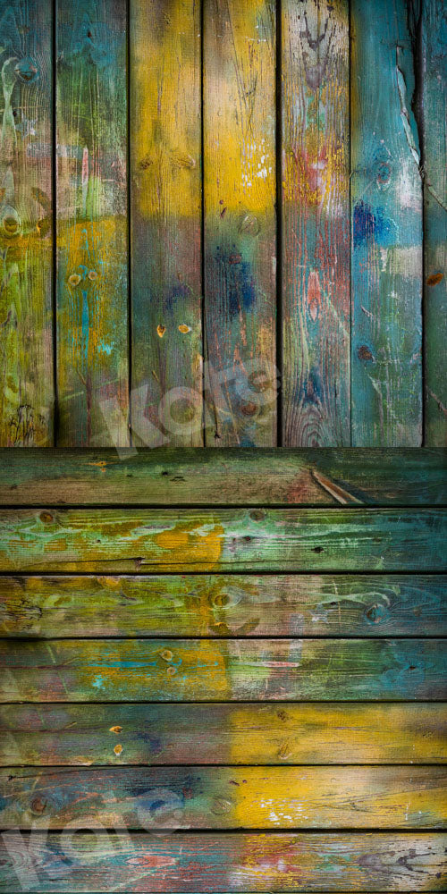 Kate Kombibackdrop bunt  blau gelb Retro  Holz  Hintergrund - Kate Backdrop.de