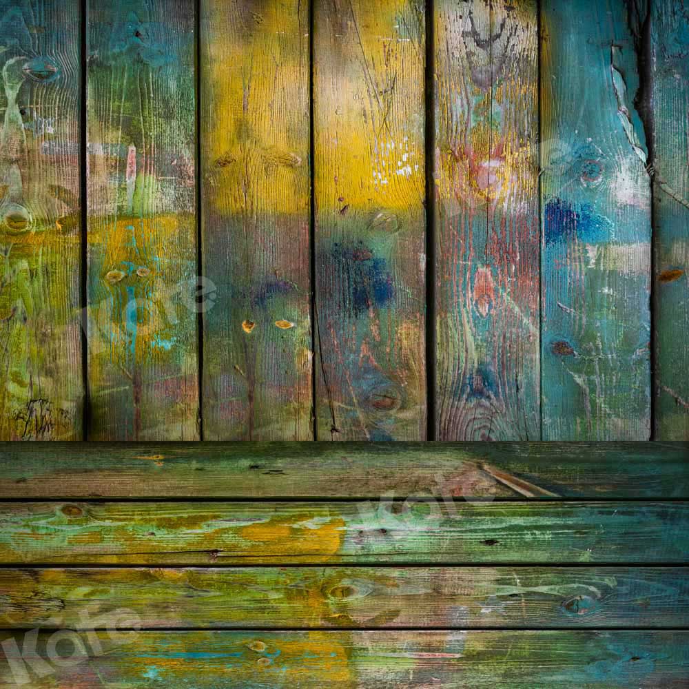 Kate Kombibackdrop bunt  blau gelb Retro  Holz  Hintergrund - Kate Backdrop.de