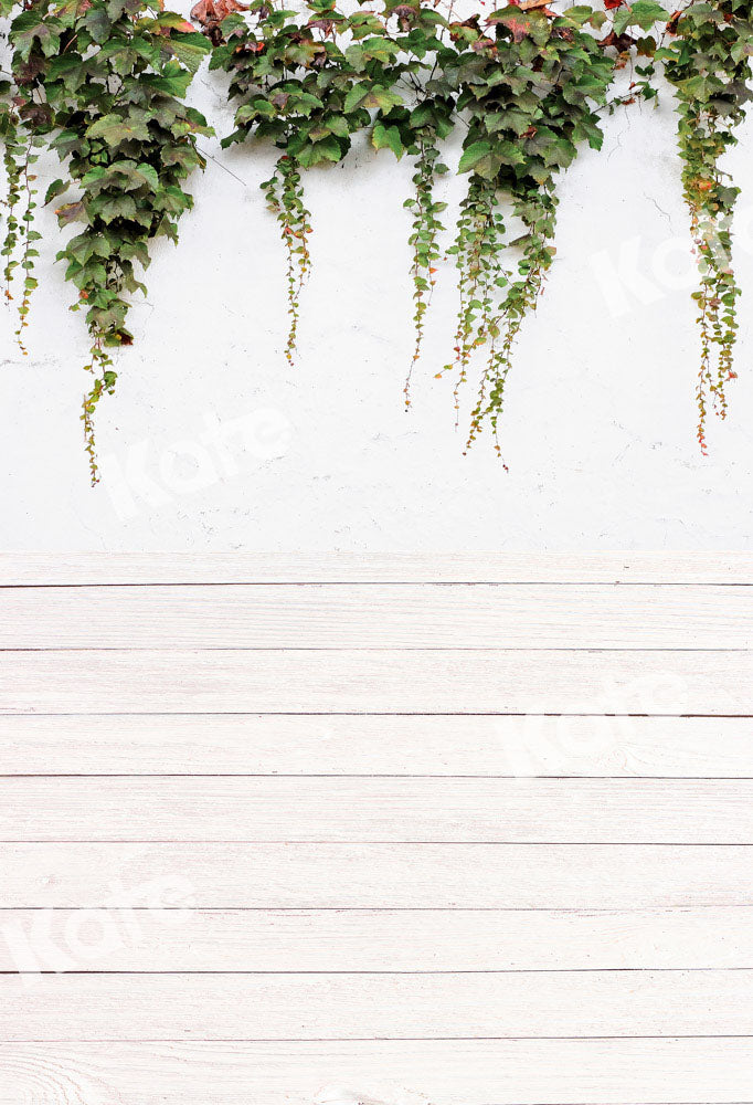 Kate Kombibackdrop weißes Holz  Mauer  Frühling  grüne Blätter Hintergrund - Kate Backdrop.de