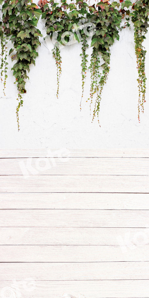 Kate Kombibackdrop weißes Holz  Mauer  Frühling  grüne Blätter Hintergrund - Kate Backdrop.de