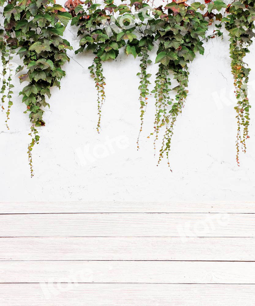 Kate Kombibackdrop weißes Holz  Mauer  Frühling  grüne Blätter Hintergrund