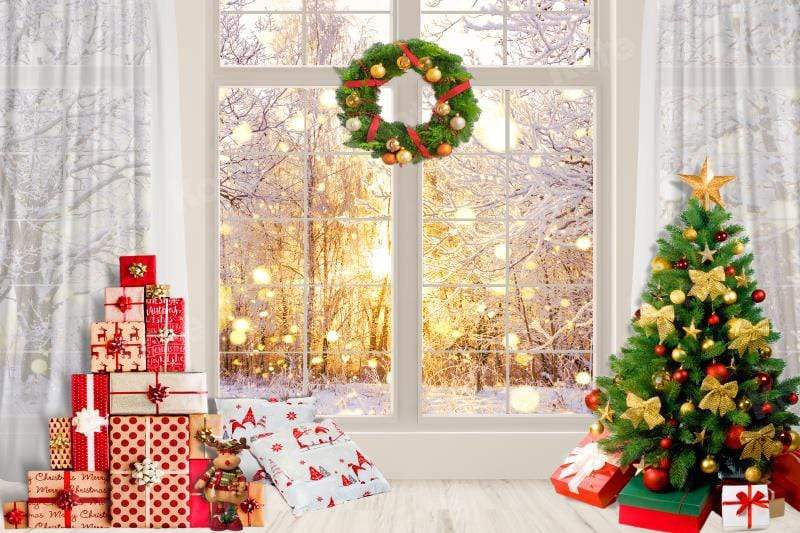 Kate Weihnachten Winter Fenster Weißer Schnee Hintergrund für Fotografie