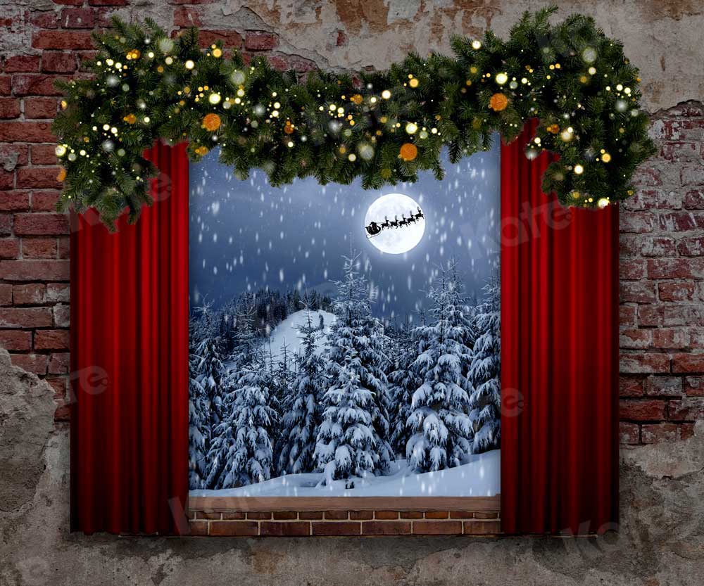 Kate Weihnachten Fenster Hintergrund Weihnachtsmann und Schlitten für die Fotografie - Kate Backdrop.de