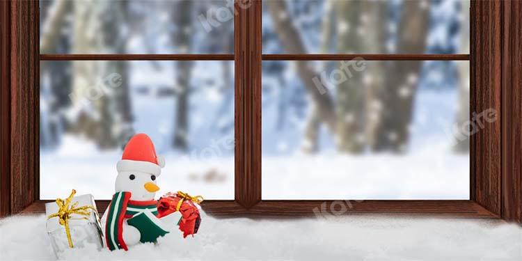 Kate Weihnachten Winter Holz Fenster Schneemann Hintergrund von Chain Photography