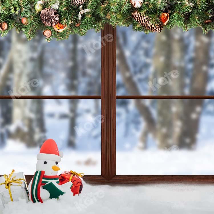 Kate Weihnachten Winter Holz Fenster Schneemann Hintergrund von Chain Photography