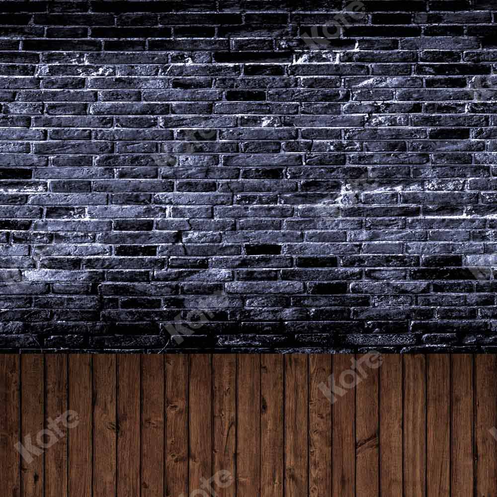 Kate Kombibackdrop retro Schwarze Backsteinmauer Braunes Holz Hintergrund