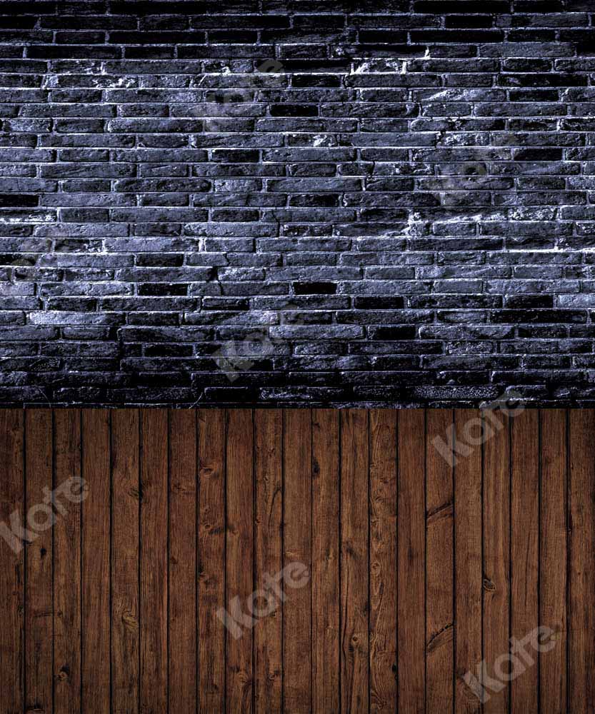 Kate Kombibackdrop retro Schwarze Backsteinmauer Braunes Holz Hintergrund - Kate Backdrop.de