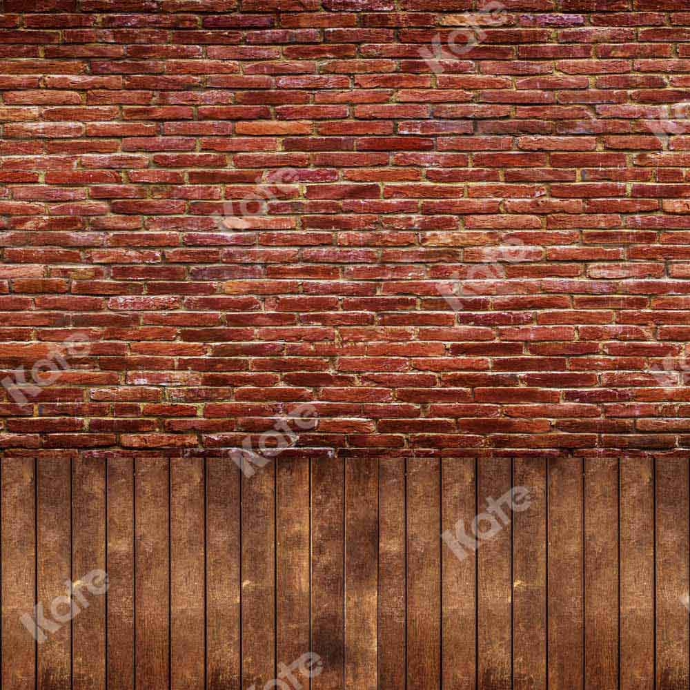 Kate Kombibackdrop Retro rot Backsteinmauer Braunes Holz  Hintergrund