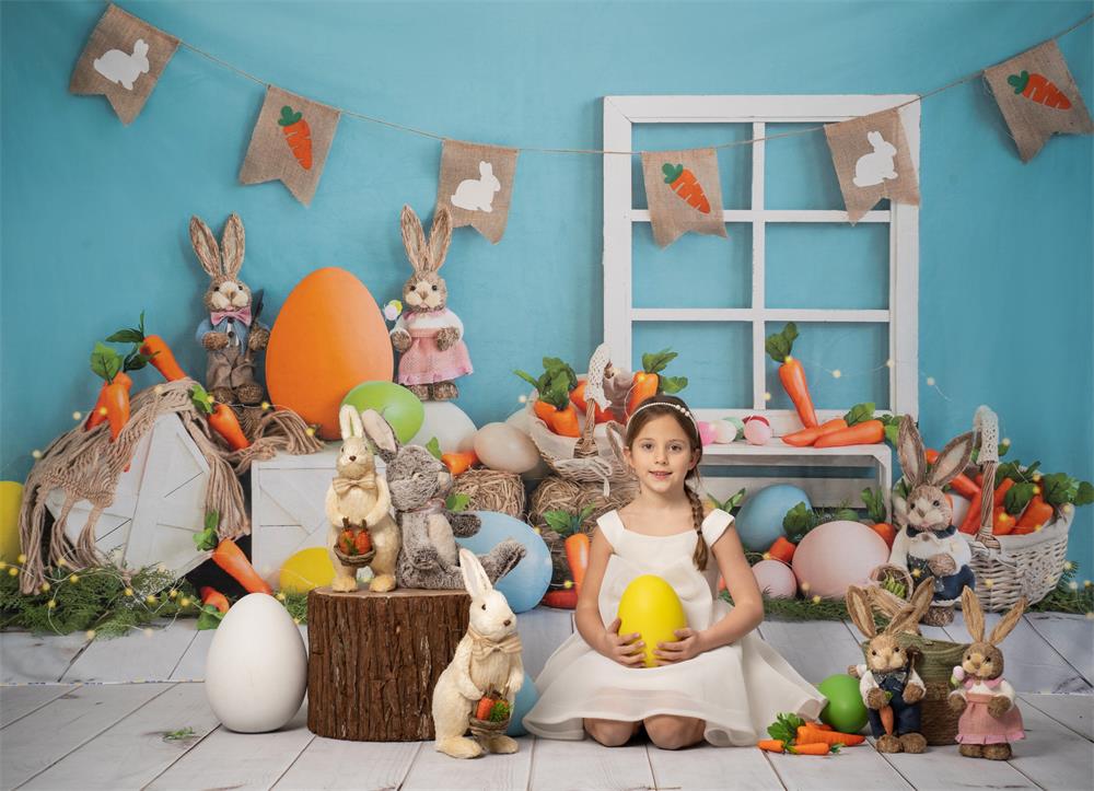 Kate Ostern Hase Hintergrund Karotten Blau  von Emetselch - Kate Backdrop.de