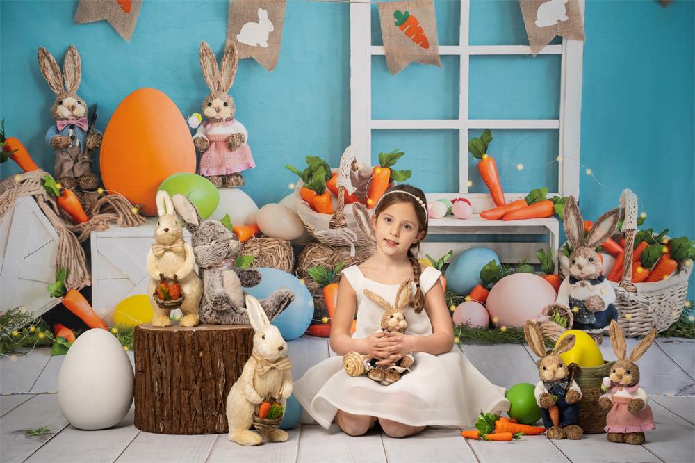 Kate Ostern Hase Hintergrund Karotten Blau  von Emetselch - Kate Backdrop.de