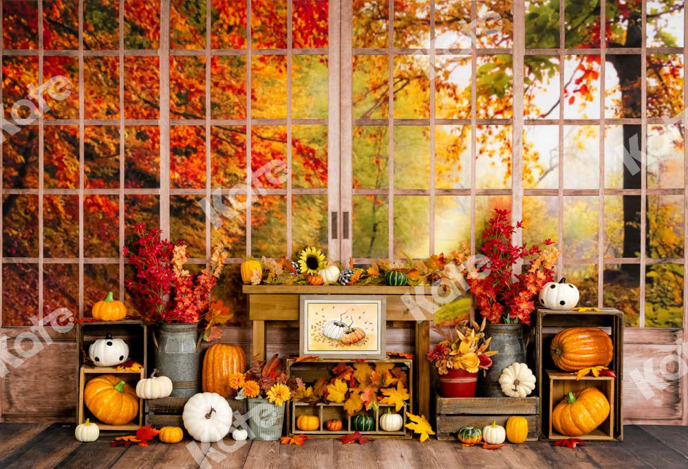 Kate Herbst Hintergrund Kürbis Halloween Sonnenblumen Fenster von Uta Mueller Photography - Kate Backdrop.de