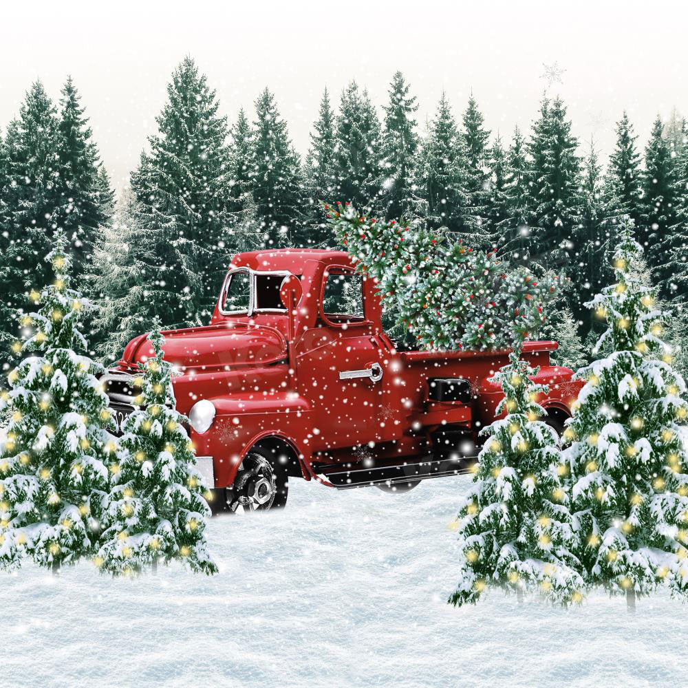 Kate Winter Hintergrund Weihnachten Rot Auto Wald Bäume für Fotografie - Kate Backdrop.de