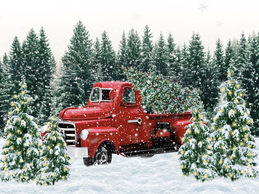 Kate Winter Hintergrund Weihnachten Rot Auto Wald Bäume für Fotografie - Kate Backdrop.de