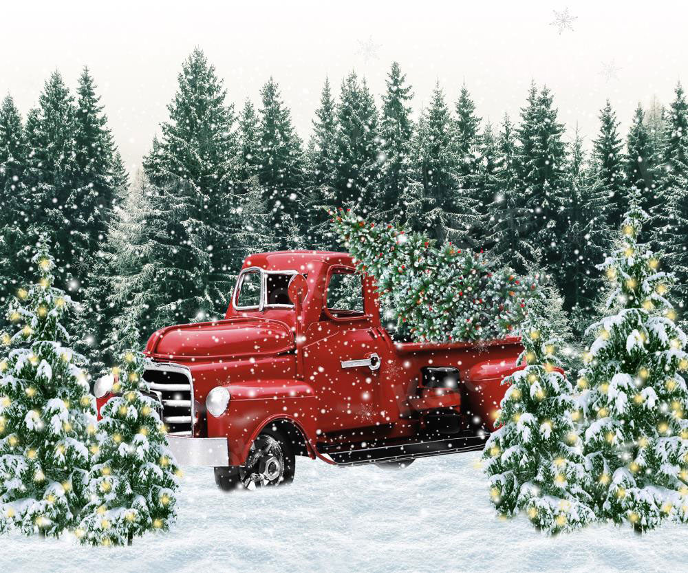 Kate Winter Hintergrund Weihnachten Rot Auto Wald Bäume für Fotografie - Kate Backdrop.de