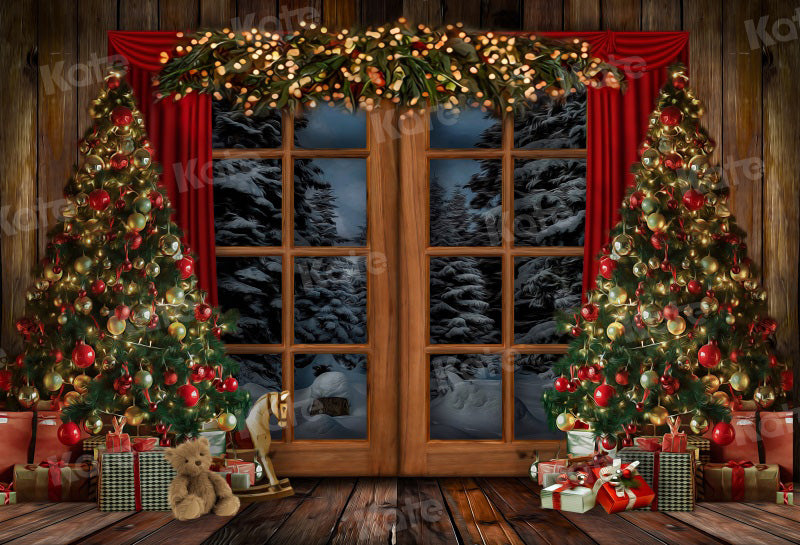 Kate Weihnachten Hintergrund Fenster Vintage Holz Bäume für Fotografie - Kate Backdrop.de
